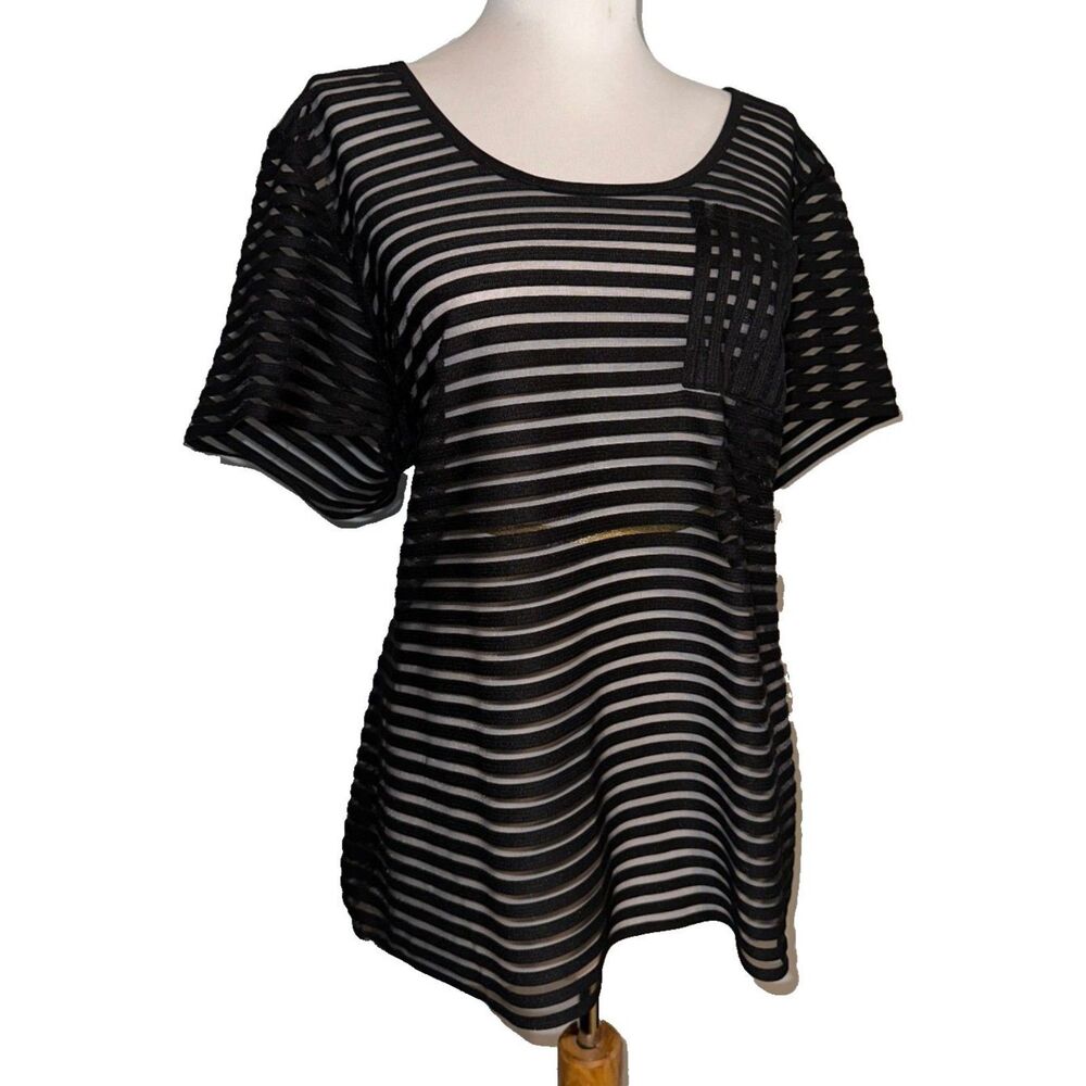 City Chic Sheer Stripe Black Top w/Pocket Size XS/14 *NWT